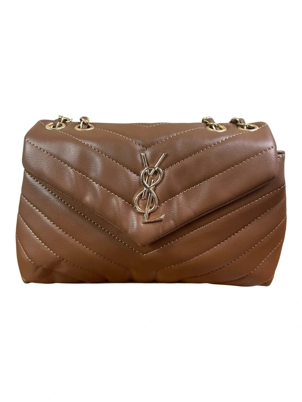 Brown Chevron Quilted Shoulder Bag Gold Chain